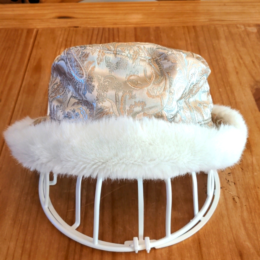 August Faux Fur Trimmed Gold/Silver Hat with Rhinestone Accent, One Size